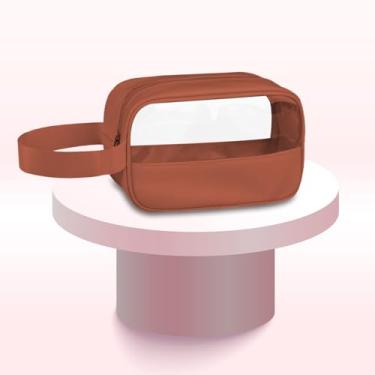 Imagem de Bolsa de maquiagem translúcida - Bolsa de higiene para viagem aprovada pela TSA. PVC e PU à prova d'água. Bolsa de viagem com zíper para homens e mulheres. Mala de mão para itens essenciais de viagem