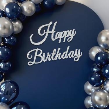 Imagem de TONIFUL Placa de feliz aniversário para pano de fundo - faixa de feltro prata brilhante - inclui cola de bolinhas - perfeita para decoração de parede, cenário de festa de aniversário, arco de balão