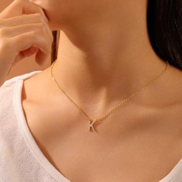 Imagem de Colar com inicial A-Z de zircônia cúbica, banhado a ouro 14K, hipoalergênico, delicado, com pingente de alfabeto de diamante simulado, joias presentes para mulheres, 12#, Latão, Sem Pedra Preciosa