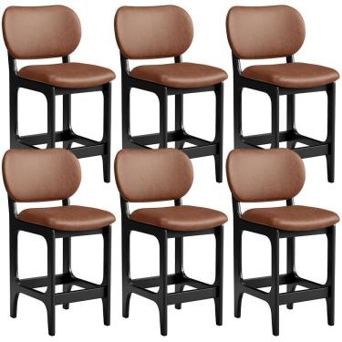 Imagem de Kit 06 Banquetas Baixa Bar Cozinha E Sala De Jantar Fixa Betta L02 Preto Couríssimo Marrom