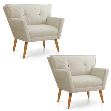 Imagem de Kit 02 Poltronas Anitta com Strass Linho Bege A19 Pés Palito Castanho - D'Rossi