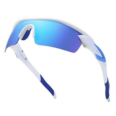 Imagem de Óculos de sol esportivos polarizados Bevi TR90 armação inquebrável para homens e mulheres, corrida, ciclismo, golfe, beisebol, Blue/White, 2.2 inch