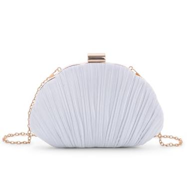 Imagem de Fecialy Bolsa clutch feminina em forma de concha franzida para noite elegante bolsa transversal com corrente para festa de casamento, Prata