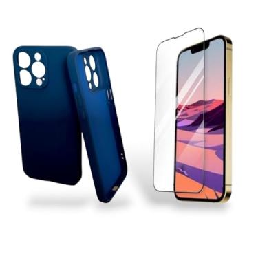 Imagem de Capinha Protetora com Interior Aveludado e Película de Vidro Temperado para iPhone Pro Max 14, Silicone, Proteção Completa (Azul)