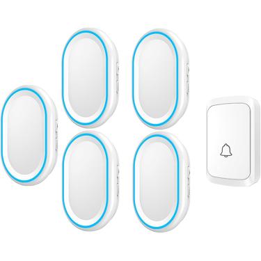 Imagem de Campainha Sem Fio, Campainha De Porta à Prova D'água Ip44 Com Alcance De 1000 Pés, 58 Toques, Volume De 4 Níveis E Luz Azul, 1 Botão De Pressão, 5 Receptores Plug-in, White