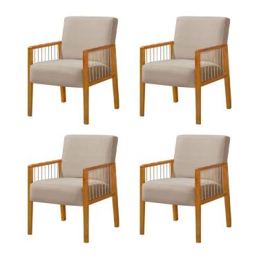 Imagem de Kit 4 Poltronas Decorativa Base Em Madeira Maciça E Corda Náutica Copacabana Veludo Bege - Bege