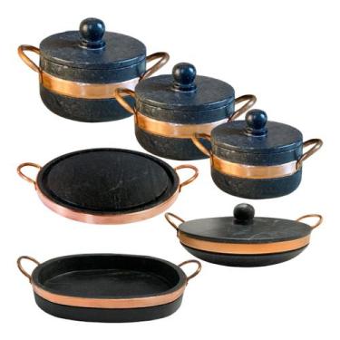 Imagem de Jogo de Panelas de Pedra Sabão 6 peças com Frigideira, Grelha e Assade