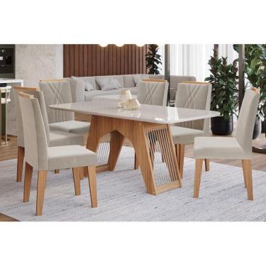 Imagem de Sala de Jantar Completa Carol C/ Tampo Vidro 180cm + 6 Cadeiras Nature Off White Madeira Nude
