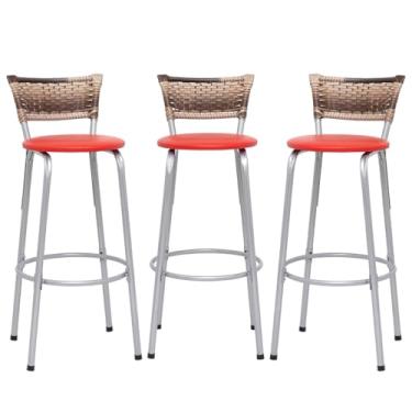 Imagem de Banqueta Altas Junco Cappuccino Estrutura Prata 70cm Para Balcão Cozinha, Bar, Bistrô, Americano Kit 03 Unidades - Itagold (Vermelho)