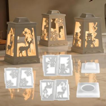 Imagem de Molde de lanterna de Natal 3D, 5 peças de moldes de silicone para castiçais de Natal com alce de Natal, boneco de neve, padrão de floco de neve para artesanato faça você mesmo, vela de sabão de gesso