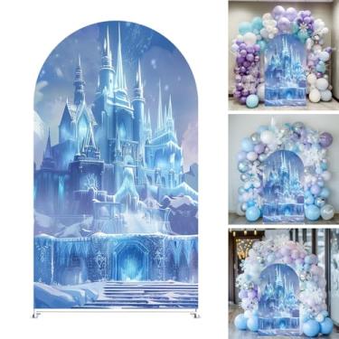 Imagem de Capa de fundo arqueado de castelo de gelo, design dupla face do país das maravilhas do inverno e castelo de fantasia para festa de inverno, decoração de aniversário de princesa, capa elástica de