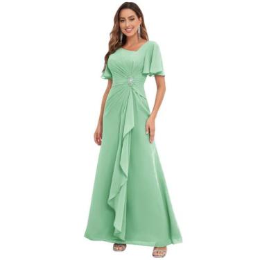 Imagem de Vestido PRESEOSSA, verde menta, chiffon, decote em V, manga com babado