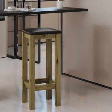 Imagem de Banqueta De Madeira Maciça Alta Imbuia Assento Estofado Corano Preto Imbuia