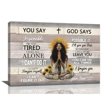 Imagem de Arte de parede afro-americana, decoração de parede com imagens de mulheres negras, impressões em tela de meninas negras, pintura Deus diz que você é cristão, arte de parede inspiradora em versículo da