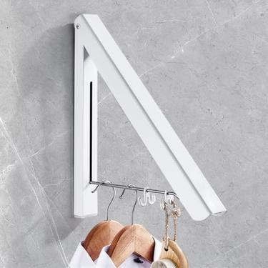 Imagem de HOHOWU Suporte retrátil para secar roupas, economiza espaço, montado na parede, retrátil e dobrável, para lavanderia, quarto, organização de armazenamento de armário (1 peça, branco)