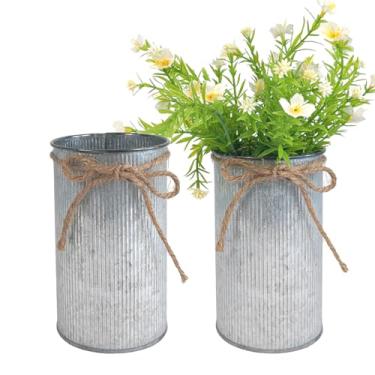 Imagem de Vaso de mesa de centro de mesa de 15 cm, potes rústicos de pedreiro com laço de barbante, recipiente vintage de metal galvanizado para decoração de casa de casamento (prata, 2 peças)