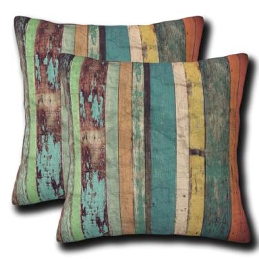 Imagem de ZYNTIRAX Capas de almofada listradas de madeira vintage coloridas de madeira 45,7 x 45,7 cm, conjunto de 2 fronhas quadradas listradas de madeira de grão de madeira rústica para casa, sofá-cama