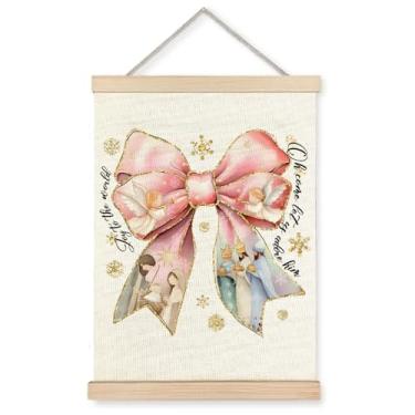 Imagem de YTRGI Decoração de parede de Natal rosa, arco de presépio cristão, moldura de cabide de pôster de Natal religioso para quarto de meninas e igreja, 30 x 40 cm
