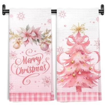 Imagem de WARDOS Toalhas de cozinha de árvore de Natal xadrez rosa, floco de neve de inverno, toalhas de mão decorativas de árvore de Natal para banheiro e cozinha, toalha de chá de prato de feliz Natal, pano