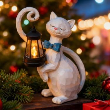 Imagem de WHIMSYNOOK Estátua de luz solar de gato branco de 27 cm – decoração de jardim e quintal ao ar livre, lanterna de LED, presente para amantes de gatos
