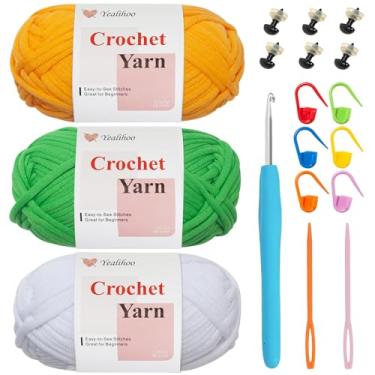 Imagem de Fio de crochê fácil para iniciantes, 3 novelos × 50 ml para iniciantes para crochê e tricô, grosso e macio, kit de crochê Amigurumi de dinossauro, pontos fáceis de ver, médio penteado # 4, mistura de