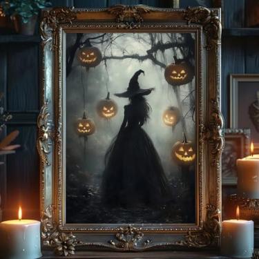 Imagem de Impressão em tela de bruxa vintage imagem de Halloween genérica arte de parede de Halloween mística linda imagem de bruxa vintage arte de parede de outono floresta pôster bruxa abóbora tela decoração
