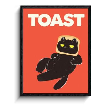 Imagem de Arte de parede de gato preto, gato cabeça de brinde, decoração de parede caprichosa, impressão em tela emoldurada pronta para pendurar, arte de pôster de cozinha, presente para amantes de gatos de