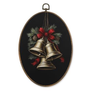Imagem de KVEKVE Enfeites de Natal vintage emoldurados arte de parede oval, decoração rústica de sinos nevados de inverno, decorações de impressão em tela pendurada de cena rústica para casa, quarto, sala de
