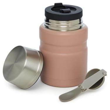 Imagem de Pote Térmico para Alimentos em Aço Inoxidável, Rosa, Tampa Dupla com Colher, Isolamento a Vácuo