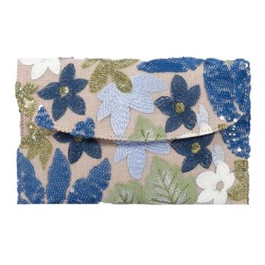 Imagem de Bolsa feminina floral bordada com lantejoulas envelope azul com contas de verão festa de eventos noturnos de casamento, Azul-claro, 10.43 x 0.19 x 6.69 inches