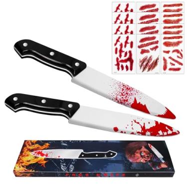 Imagem de Japior 2 facas sangrentas falsas de Halloween com 12 peças de adesivos de tatuagens de cicatrizes realistas para açougueiro de Halloween assustador conjunto de facas de plástico para adereços de