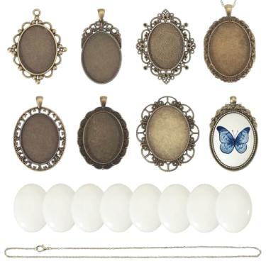 Imagem de FREEBLOSS Conjunto de 8 bandejas de pingente de bordado, conjunto de berloques, colar oval em branco, base de pingente para bordado, bandejas redondas de bisel em branco, colar de liga metálica