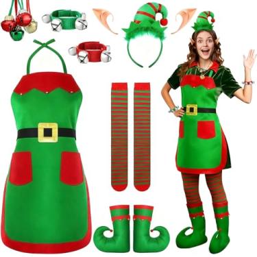 Imagem de LAIAMER Pacote com 7 fantasias de elfo natalinas, fantasias de Natal para ajudantes do Papai Noel, chapéu de elfo, sinos, orelhas, sapatos de Natal chiques para festa