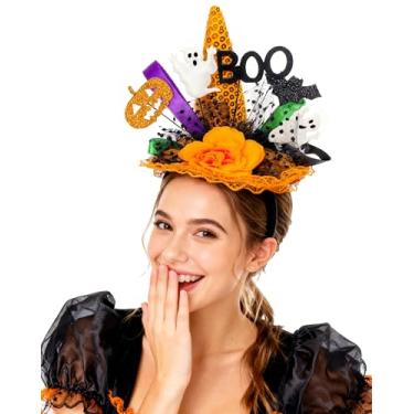 Imagem de Dkomekii Chapéu de Halloween tiara de bruxa fascinadora flor rosa laranja com decorações de morcego fantasma BOO, acessório de vestido de tule preto de bolinhas para mulheres