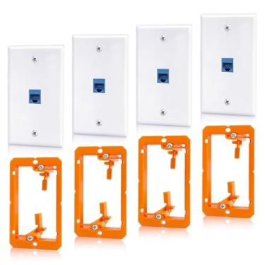 Imagem de ANONION Pacote com 4 placas de parede Ethernet, conector Keystone RJ45 de 1 porta com suporte de montagem de baixa tensão, tomada de parede Ethernet Cat6 acoplador azul fêmea para fêmea capa de cabo