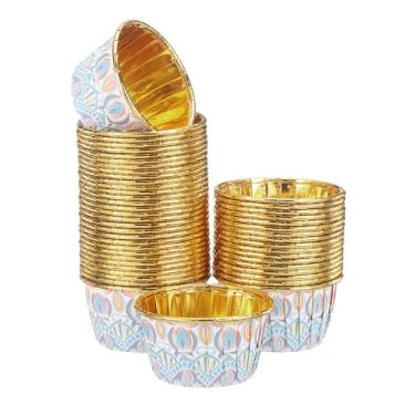 Imagem de HARFINGTON 150 peças de forros de cupcake de 100 ml, forros de cupcake dourados, pequenos copos de panificação, estilo boêmio, para festa de aniversário, azul/branco