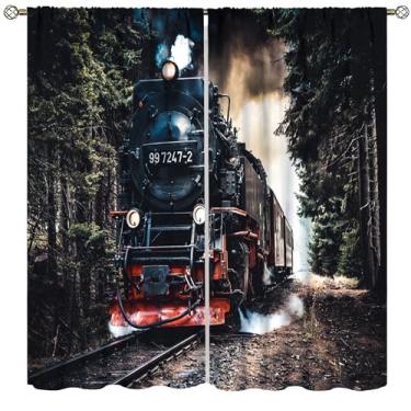 Imagem de Cortinas de trem, estampa retrô country de trem a vapor para quarto, sala de estar, cozinha, janela, tratamento com 2 painéis, conjunto de 2 painéis, tamanho total 107 cm L x 114 cm C