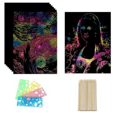 Imagem de wiwbbitl Arte de arranhões para crianças e adultos - 50 folhas grandes de papel arco-íris (20,3 x 28,4 cm) com 24 canetas Stylus de bambu, 4 modelos - Materiais de artesanato e artes sem bagunça para