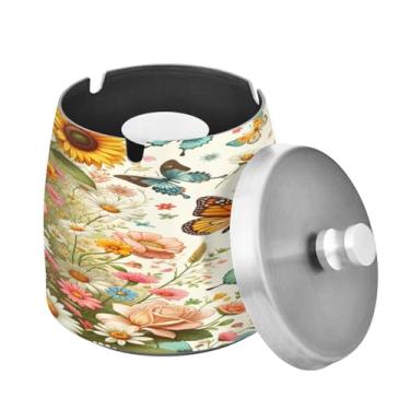 Imagem de Blueangle Cinzeiro de flor borboleta libélula com tampa para cigarros, à prova de vento/à prova de chuva, aço inoxidável, sem fumaça, inodoro, cinzeiro para uso interno ou externo (476)