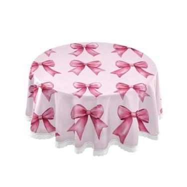 Imagem de SEHANY Toalha de mesa redonda com laço rosa de 152 cm, tecido lavável sem rugas, toalha de mesa decorativa de renda para restaurante, casamento, acampamento, festa de cinco de maio
