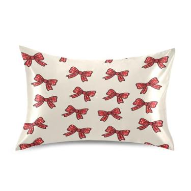 Imagem de Blueangle Fronha de cetim Red Bows para cabelo e pele, fronha de seda, tamanho Queen (50,8 x 76,2 cm) - Capas de almofada de cetim com fecho de envelope (708)