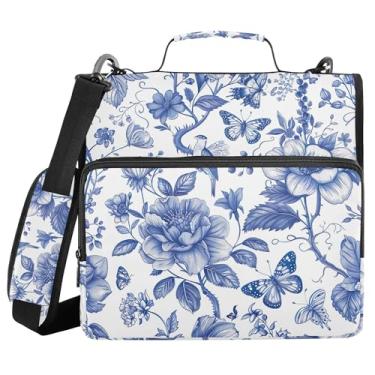 Imagem de SEHANY Fichário azul boêmio com zíper 3 anéis com alça de ombro, vários bolsos expansíveis pasta de arquivo organizador de bolsa