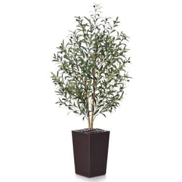 Imagem de VeriNatural Oliveira artificial de 1,8 m – oliveiras falsas altas com tronco de madeira natural, vaso cônico Brwon e seixos, plantas falsas resistentes a UV para decoração de casa, escritório, sala de