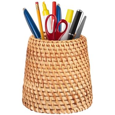 Imagem de Porta-lápis de vime de 10 cm, organizador de canetas de vime, feito à mão, porta-copos, recipiente de videira tecido, porta-pincéis de maquiagem, feito à mão, vaso de vime, mesa organizadora