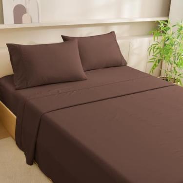 Imagem de MCO Conjunto de lençol completo refrescante, raiom derivado de lençóis de bambu, jogo de cama luxuoso e sedoso com bolso profundo de 40,6 cm (casal, marrom chocolate)