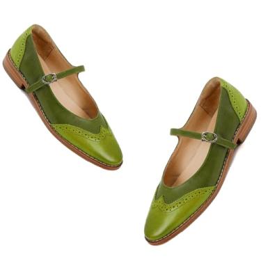 Imagem de SHODENSE Sapato feminino Mary Jane rasteiras bico redondo tira no tornozelo, dois tons, oxfords Mary Jane, perfurado, retrô, 1 salto plano, sapato social, bico amêndoa, patchwork, confortável