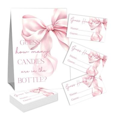 Imagem de Placa Guess How Many Candies (1 placa de pé e 50 cartões de adivinhação) Kit de cartas de jogo de atividades de festa com arco rosa para chás de bebê, festas de recém-nascidos, chá de casamento de