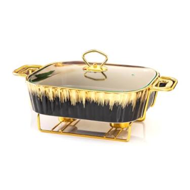 Imagem de FAFACAI Elegante conjunto de buffet de cerâmica para festas, durável e elegante, buffet retangular sob o vidrado conjunto de copos dourados com tampa transparente e suporte de combustível, preto, 28