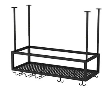 Imagem de Rack de vinho suspenso no teto, suporte de garrafa de teto de metal, suporte de armazenamento de vinho com altura ajustável com prateleira de vidro, para cozinha, bar