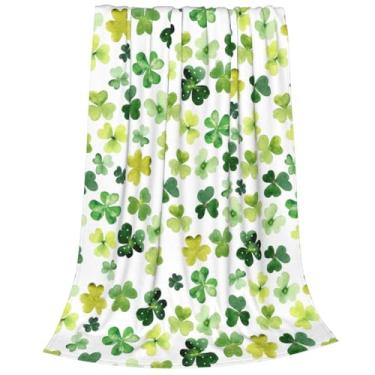 Imagem de Cobertor de manta de trevo em aquarela para dia de São Patrício, cobertor de lã macio decorativo irlandês trevo verde da sorte, cobertor de flanela leve aconchegante para cama, sofá, cadeira, 76 x 102